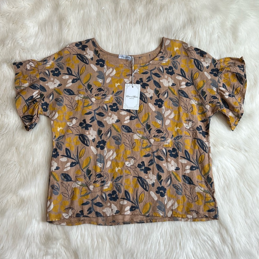 Elena Baldi 100% Linen Italy Floral Ruffle Sleeves Top Sz S